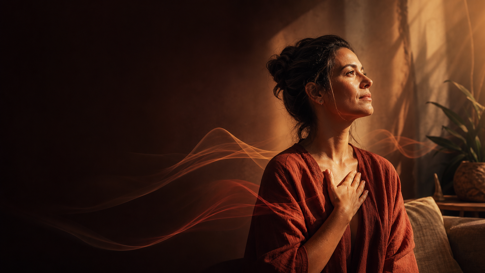 Mulher em momento de presença emocional com luz quente